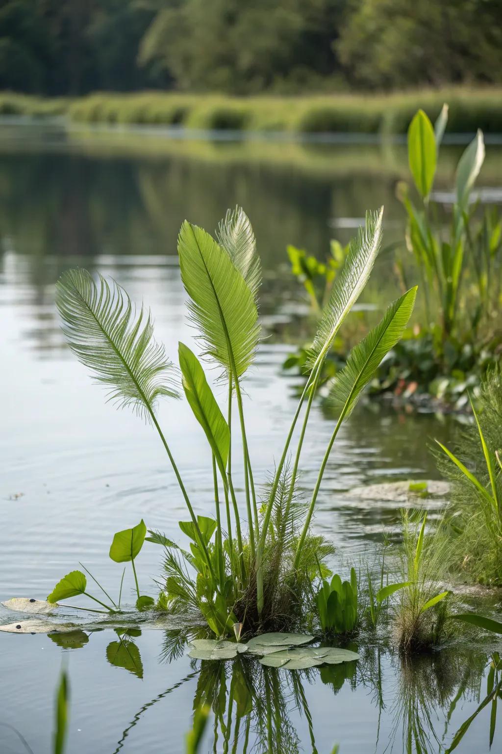 Plume Grass introduces texture and a concealing place for fish below the water.
