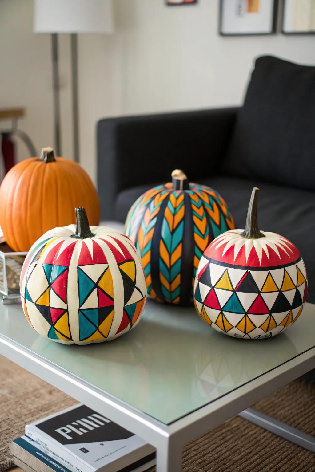 Make a proclamation utilizing pumpkins exhibiting geometric patterns.
