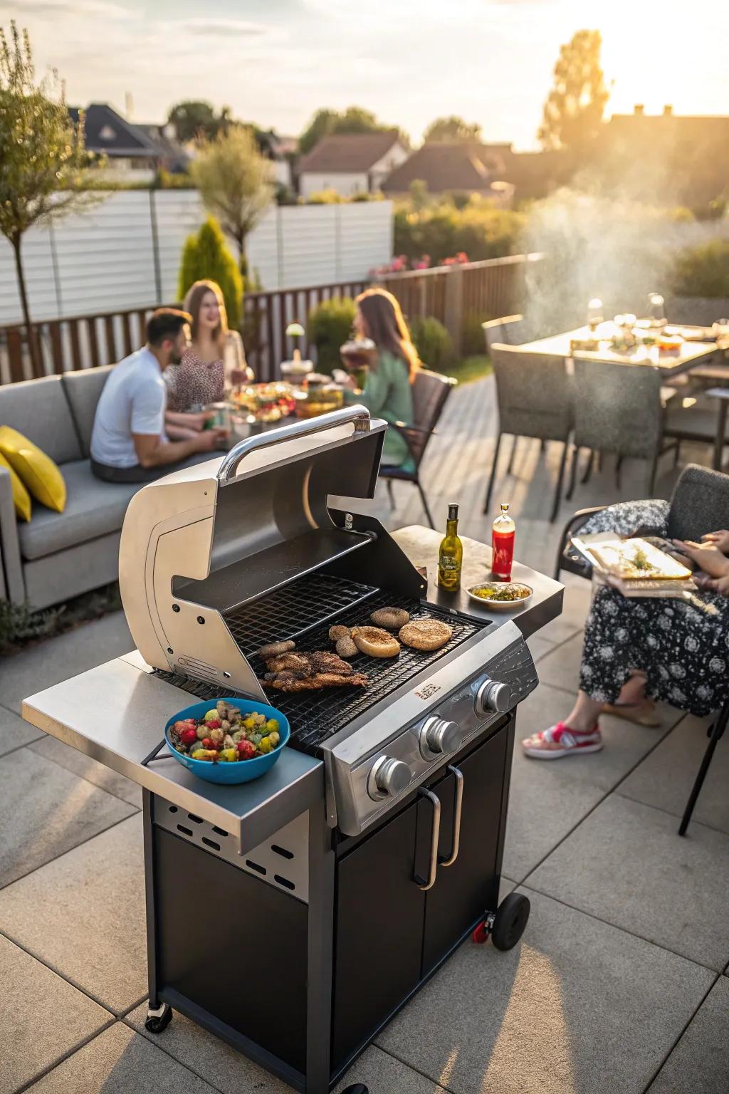 An intelligent BBQ grill takes center stage at a backyard cookout, delivering perfectly grilled dishes with ease.