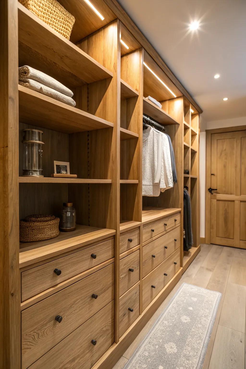 A closet with natural wood elements adding warmth and texture.