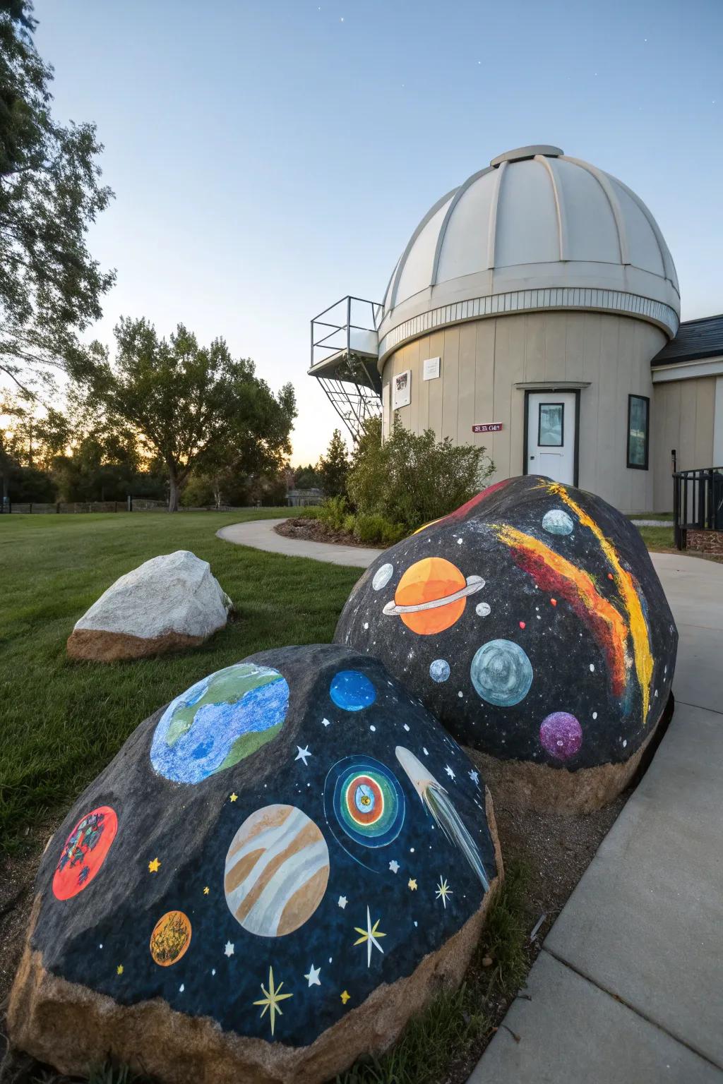 Set off on a cosmic journey with space-themed stone art.