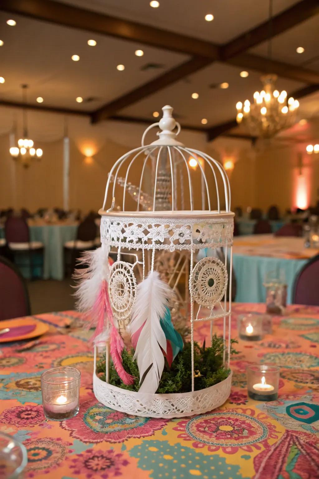 A bohemian-inspired cage centerpiece enhanced by artistic elements.