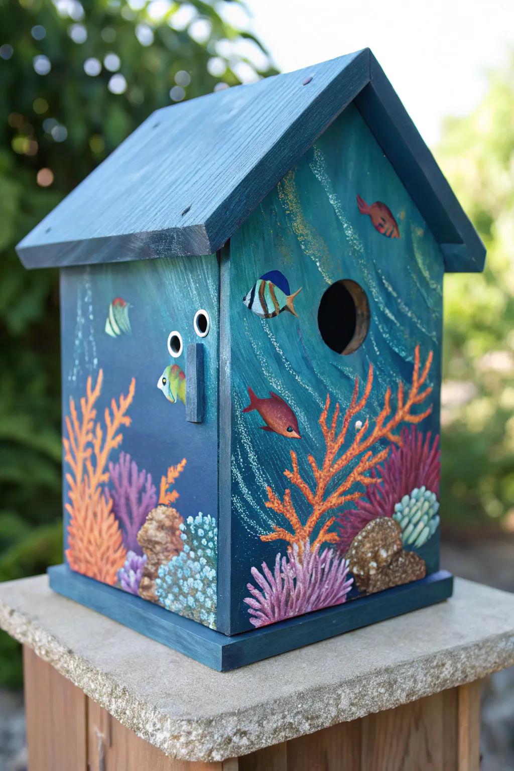 Dive into creativity with this stunning underwater-themed birdhouse, where craftsmanship meets oceanic artistry.