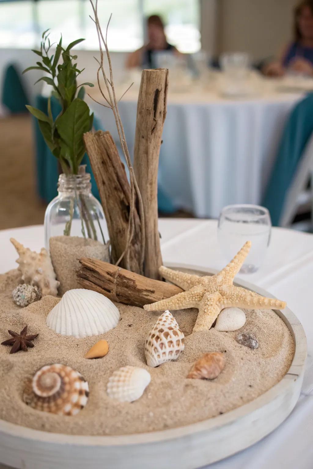 Transport shoreline vibes to your table through a beach-inspired centerpiece.
