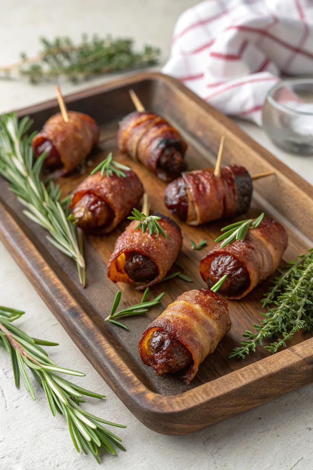 Sweet and savory bacon-wrapped dates, a crowd favorite.