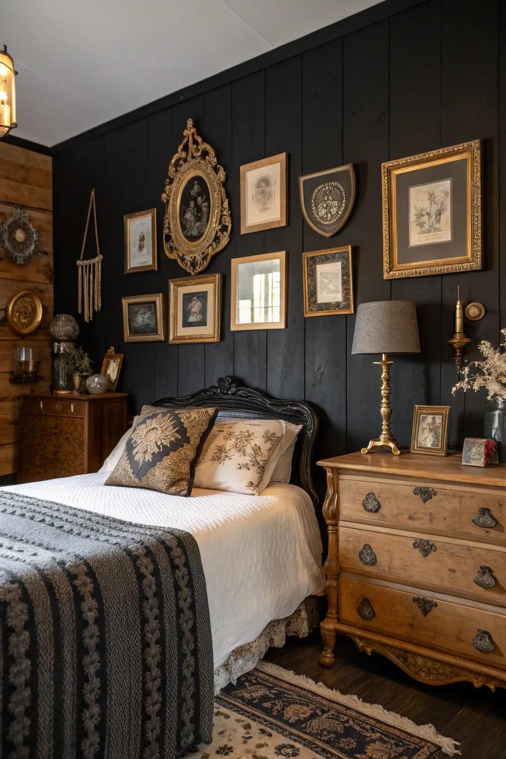 Antique elements append appeal and uniqueness to a black statement wall.