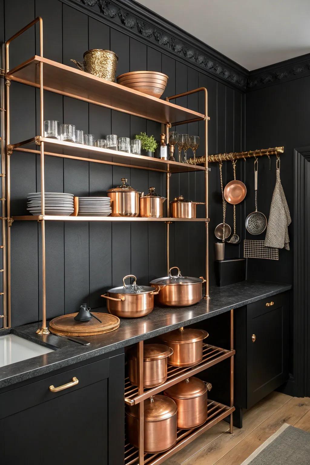 Copper shelves introduce functional elegance to a modern kitchen.