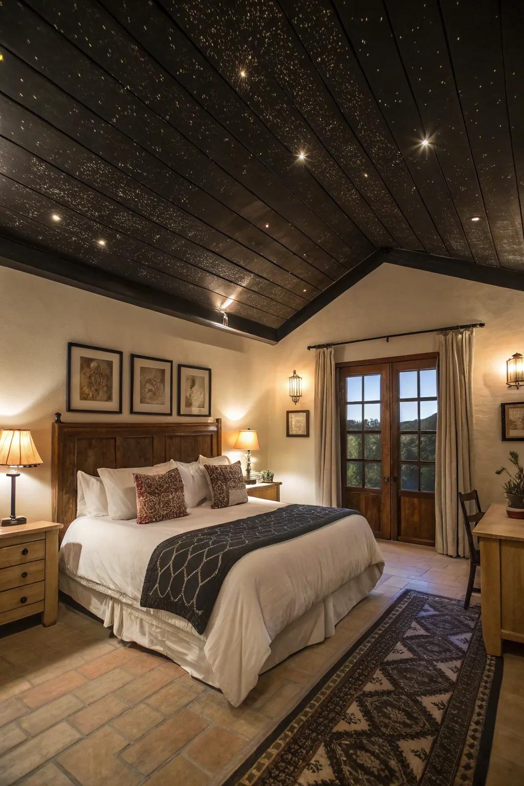 A bedroom with a dark colored ceiling creating a cozy atmosphere.