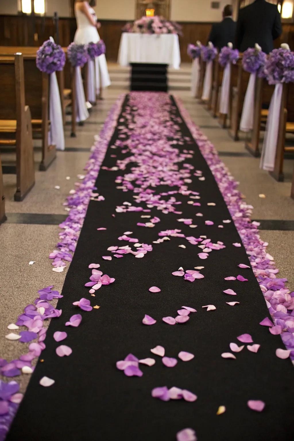 A beautiful aisle carpet with violet petals.