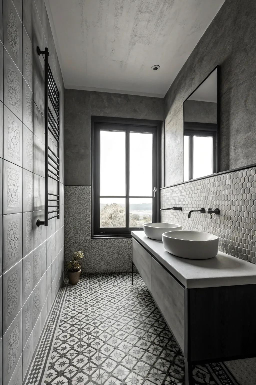 Weaved surfaces introduce depth to a minimalist monochrome bathroom.