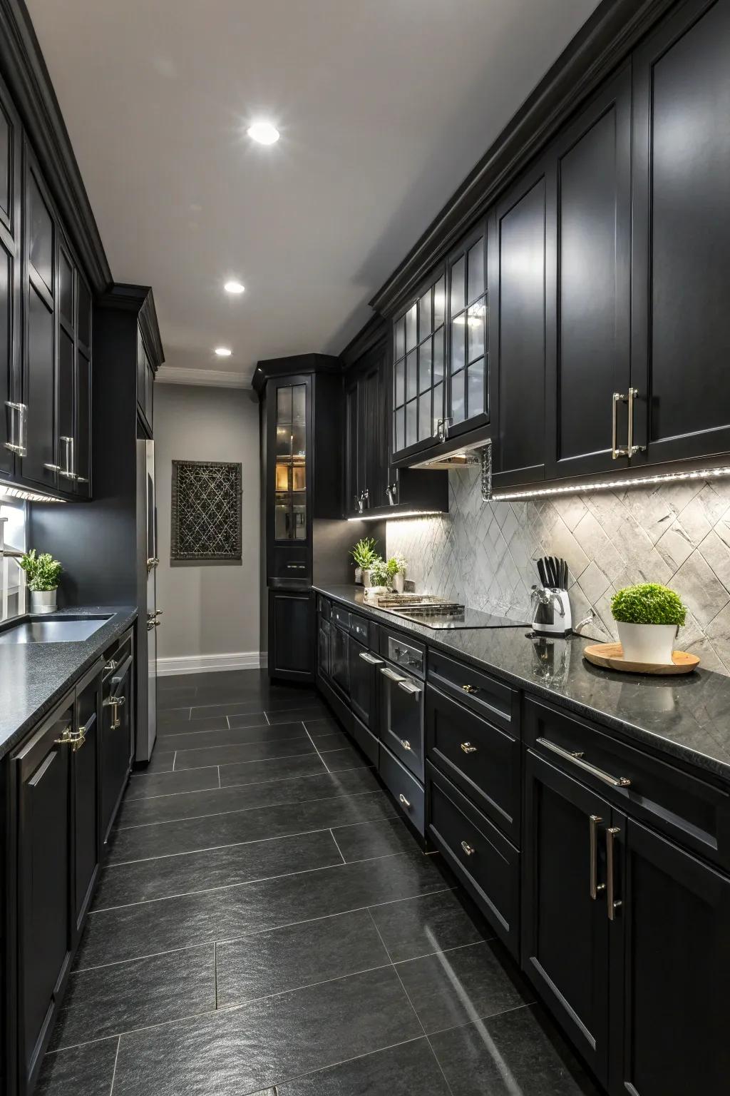 A monochrome kitchen exuding moody elegance.