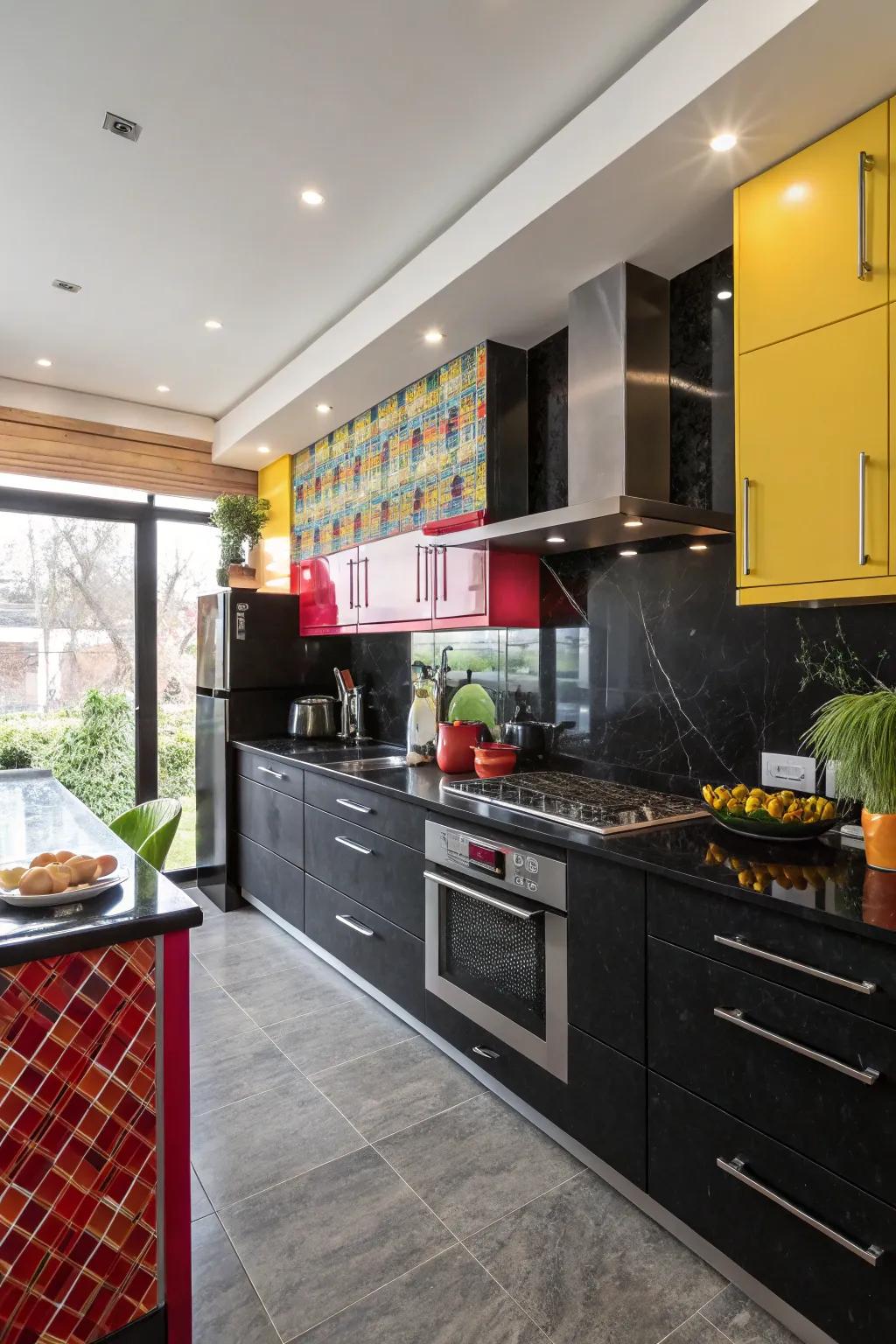 High-contrast elements introduce energy to ebony countertops.