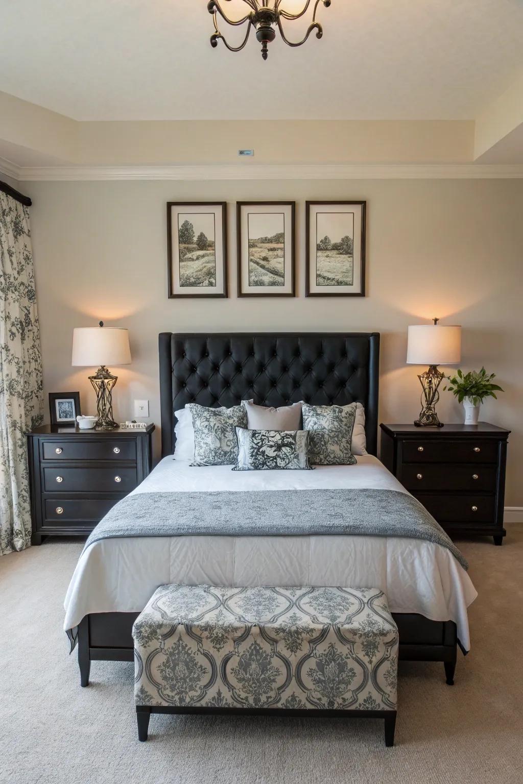 Balanced bedroom featuring symmetrical design and a dark headboard