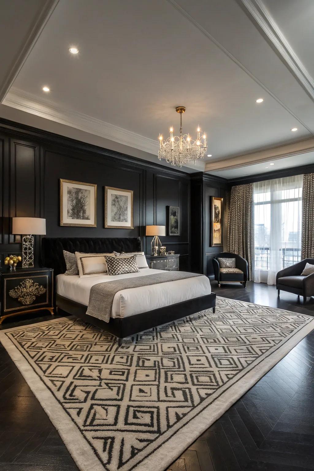 A remarkable floor covering appends warmth and unifies the chamber.