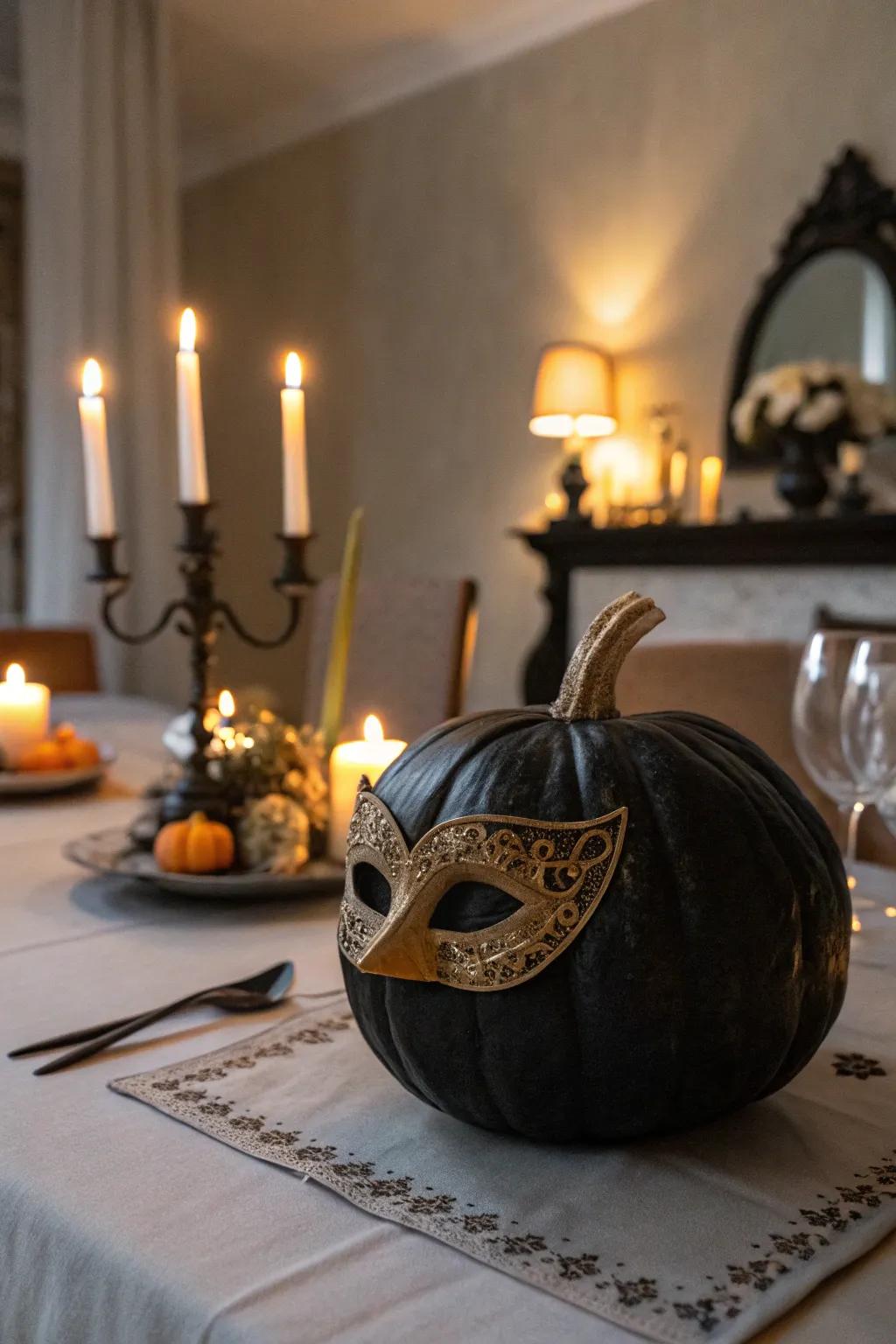 A black pumpkin with a masquerade mask, perfect for an elegant Halloween party.