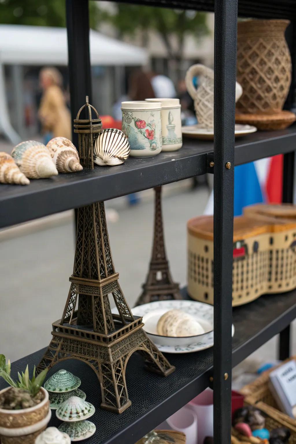 An individual compilation of travel mementos displayed on a dark shelf.