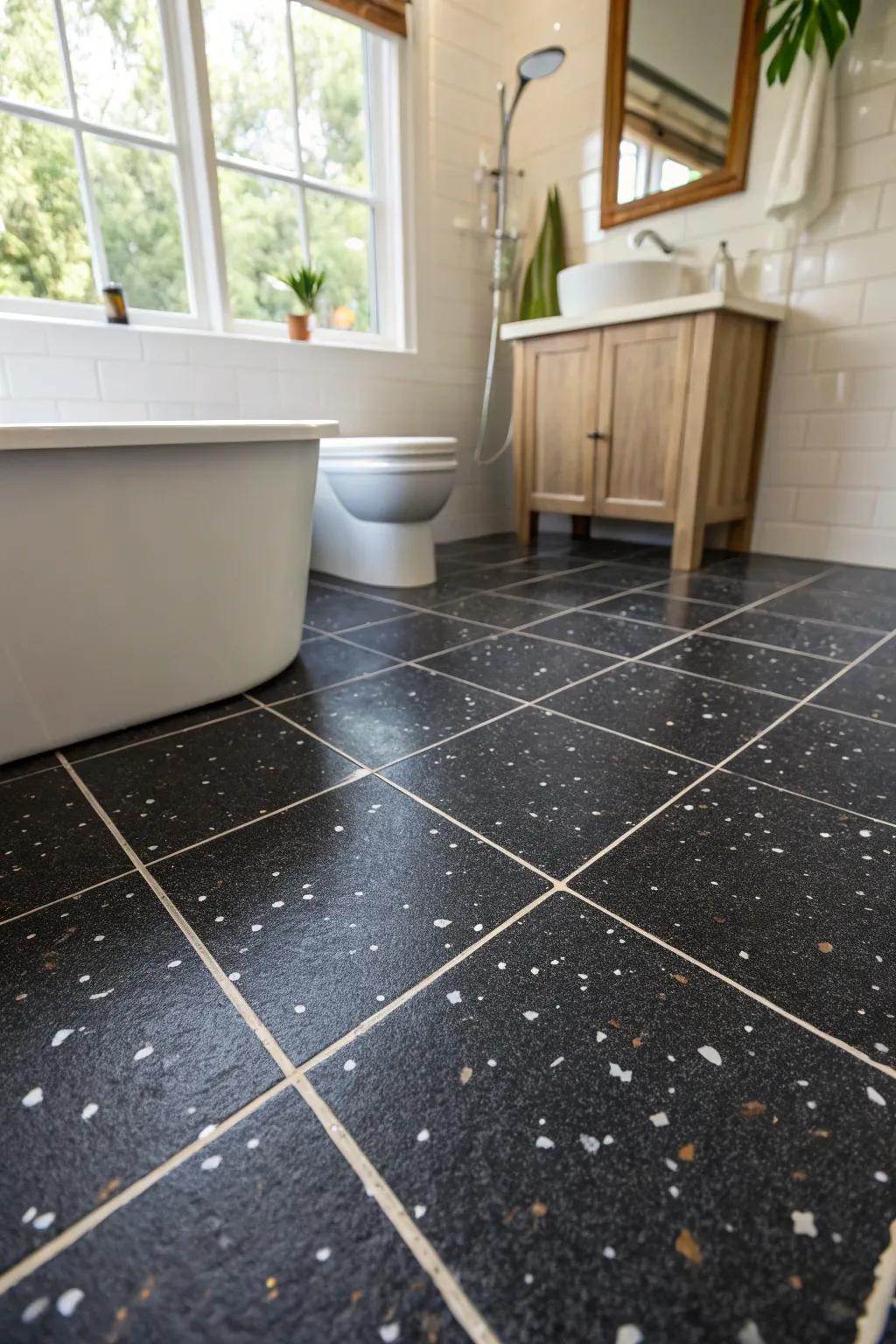 Dark surface boards add a dramatic texture to the bathroom floor.