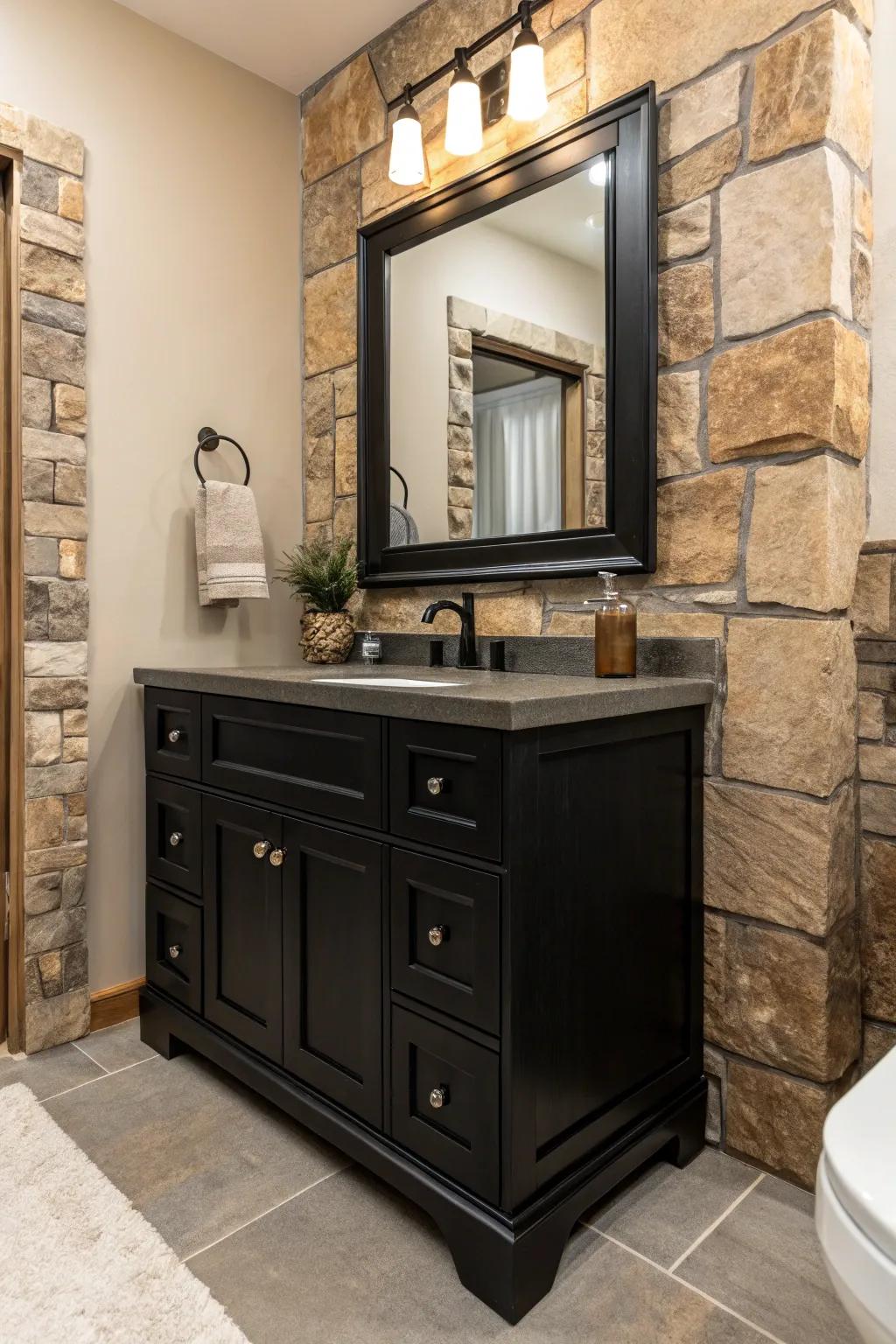 Organic stone elements add an earthy and textured charm to a dark sink console bathroom.