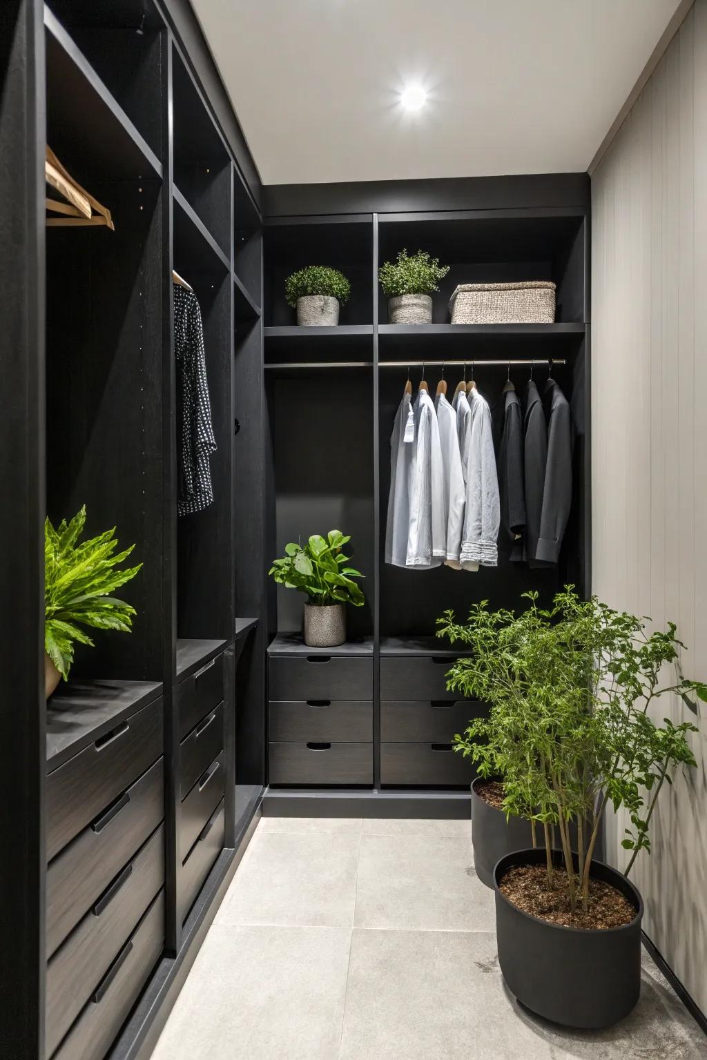 Verdure furnishes a revitalizing accent to the sophisticated ebony closet.