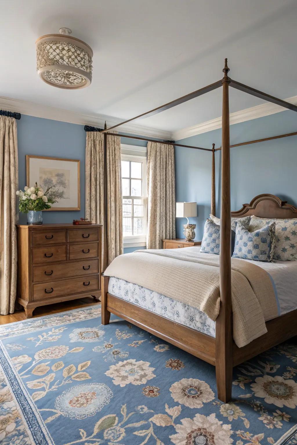 Vintage and contemporary elements in blue and beige form a harmonious blend.