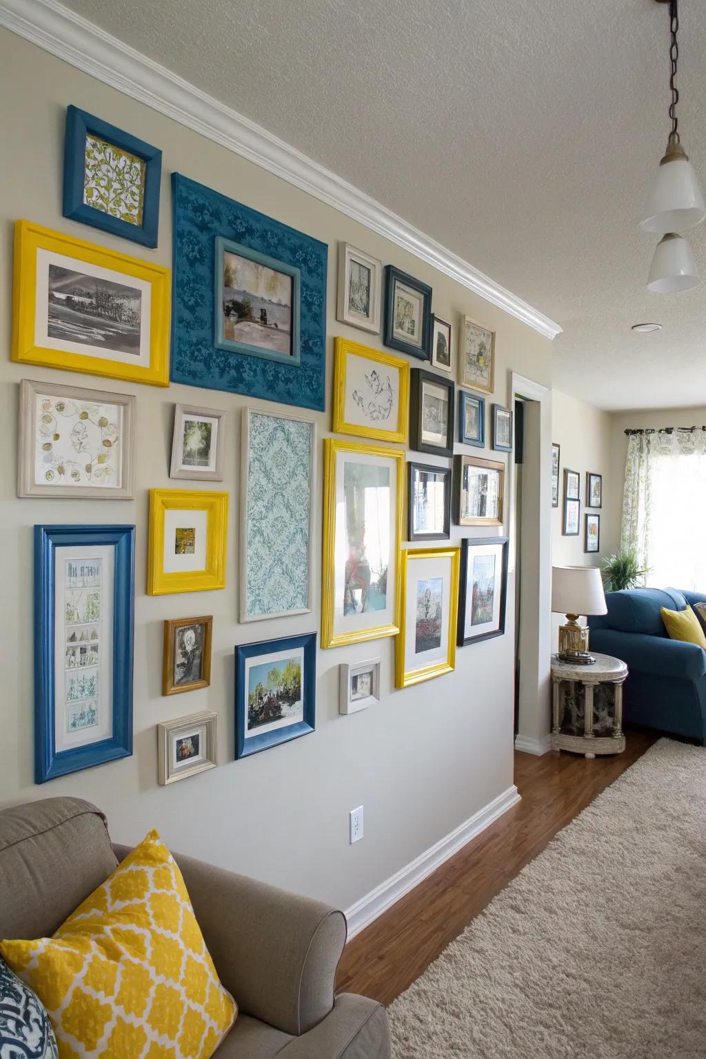 An eclectic gallery wall with sea and lemon frames for a personal touch.
