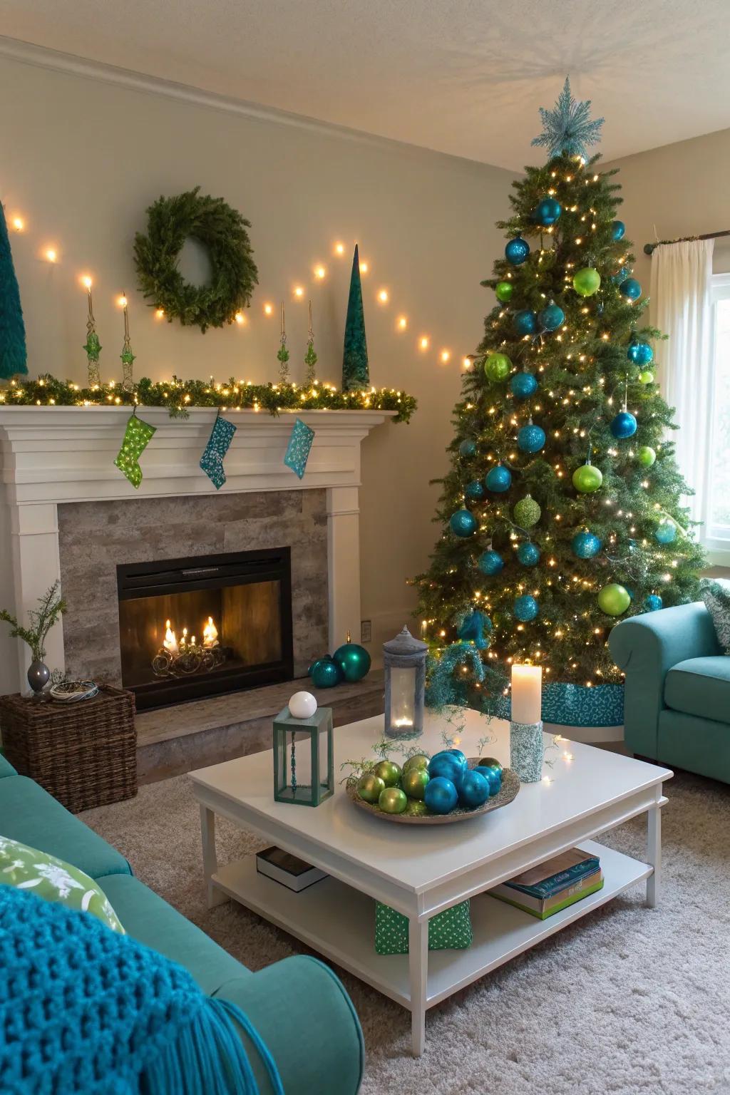 Dynamic celebratory adornments in blue and green