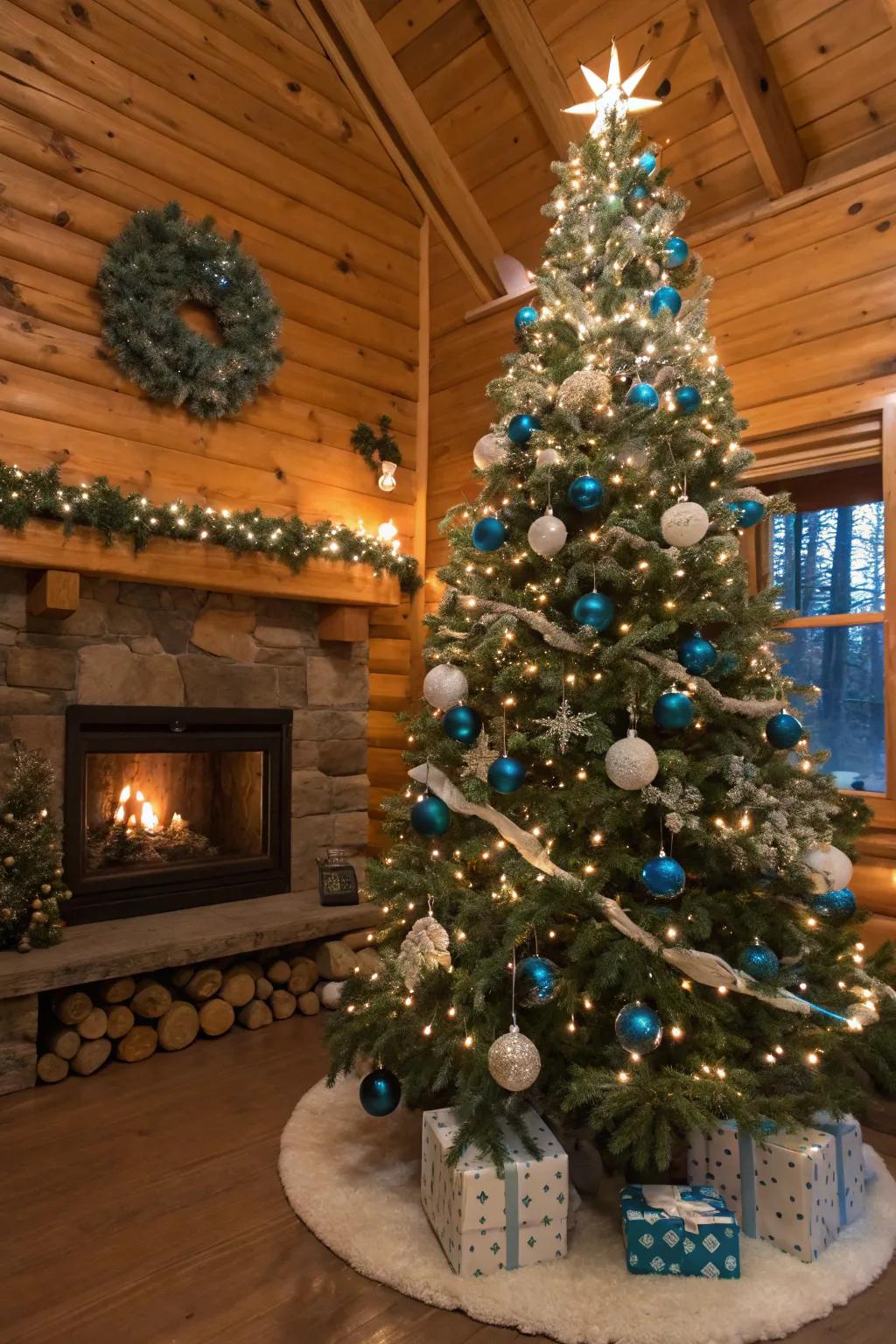 A rustic charm with blue and white decorations.