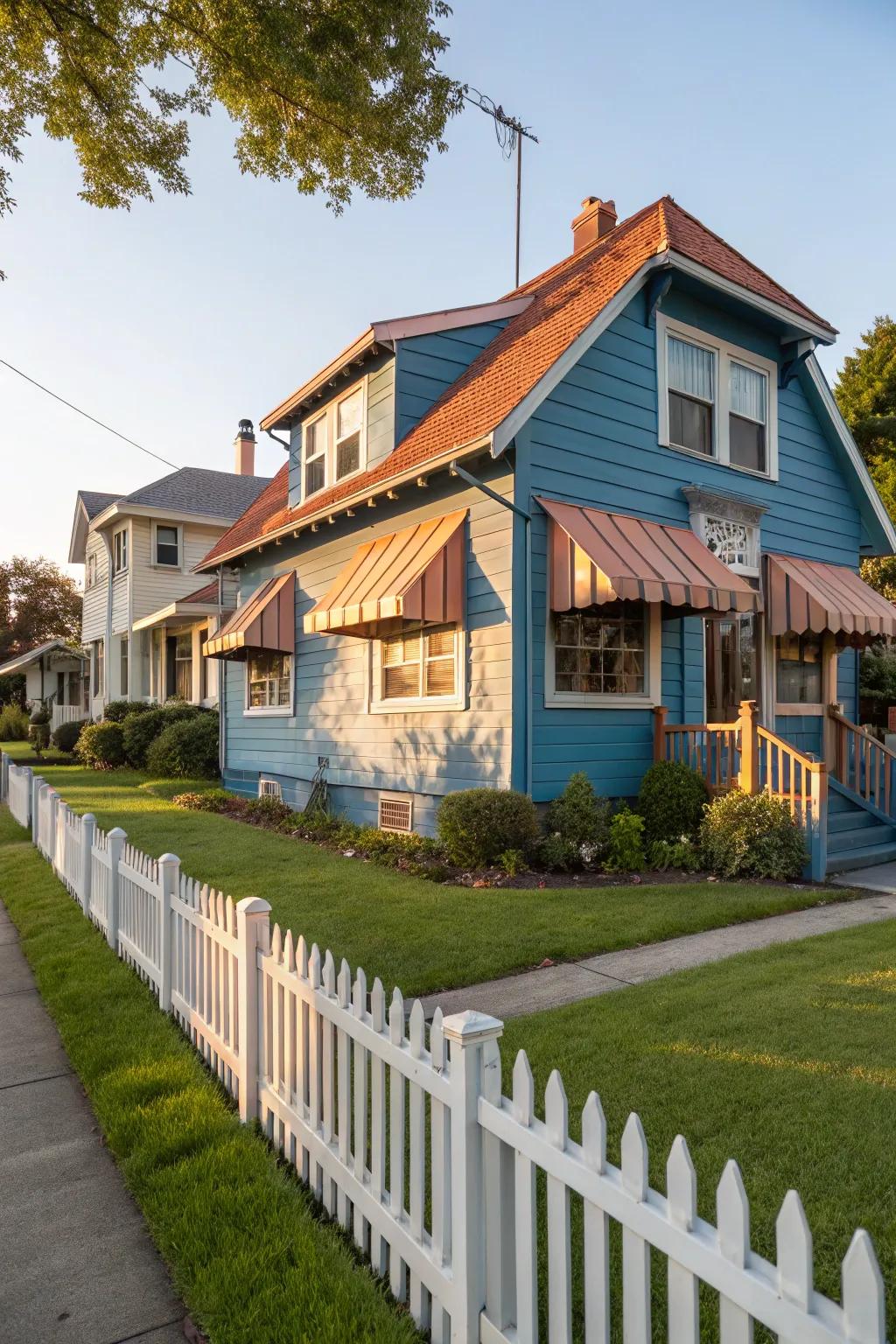 Copper accents offer a warm contrast to blue exteriors.
