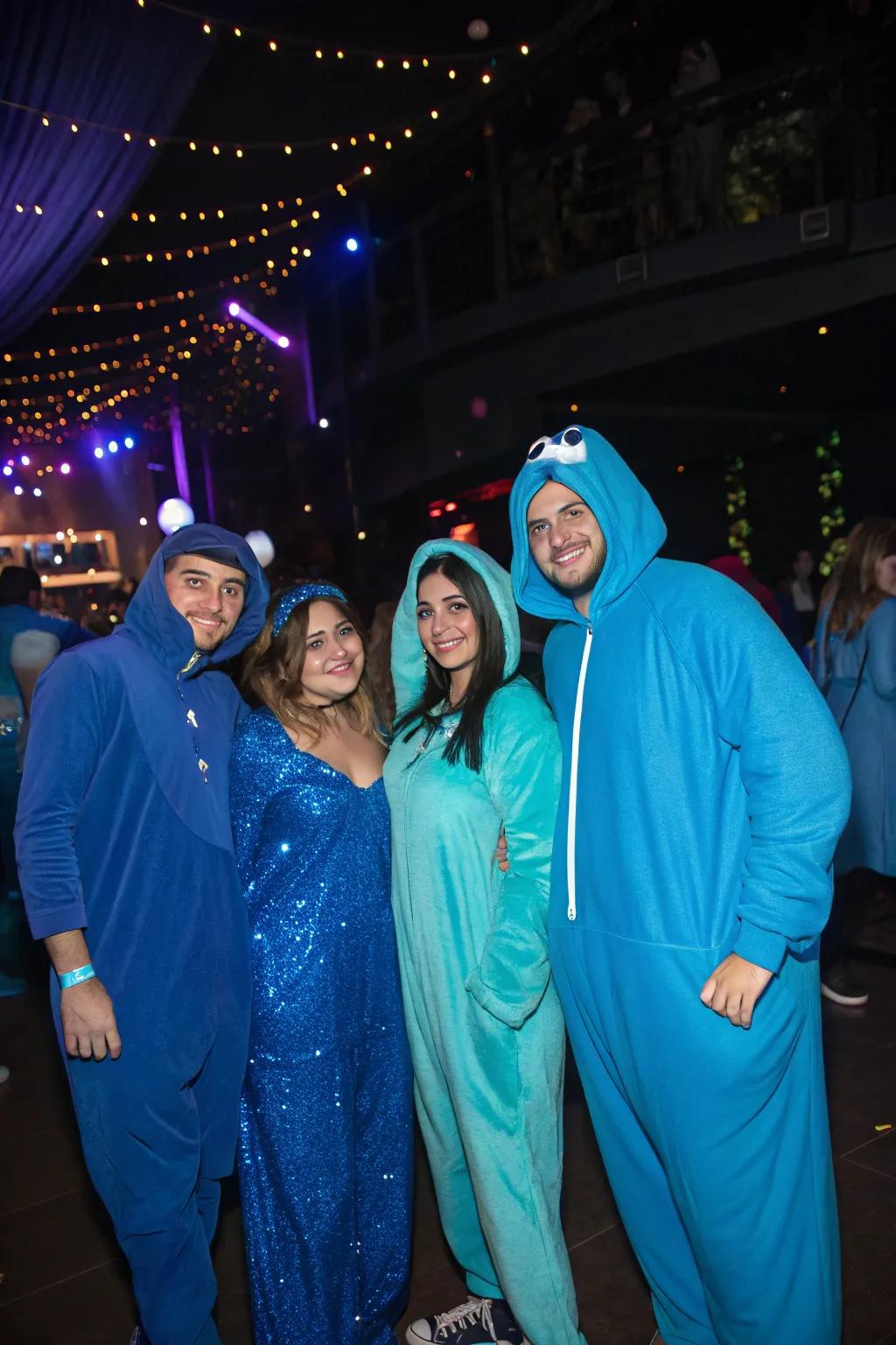 Attendees in imaginative azure-themed outfits reveling in the celebration.