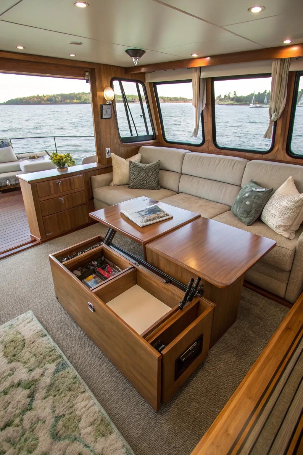Convertible coffee table situated in a versatile boat living room.