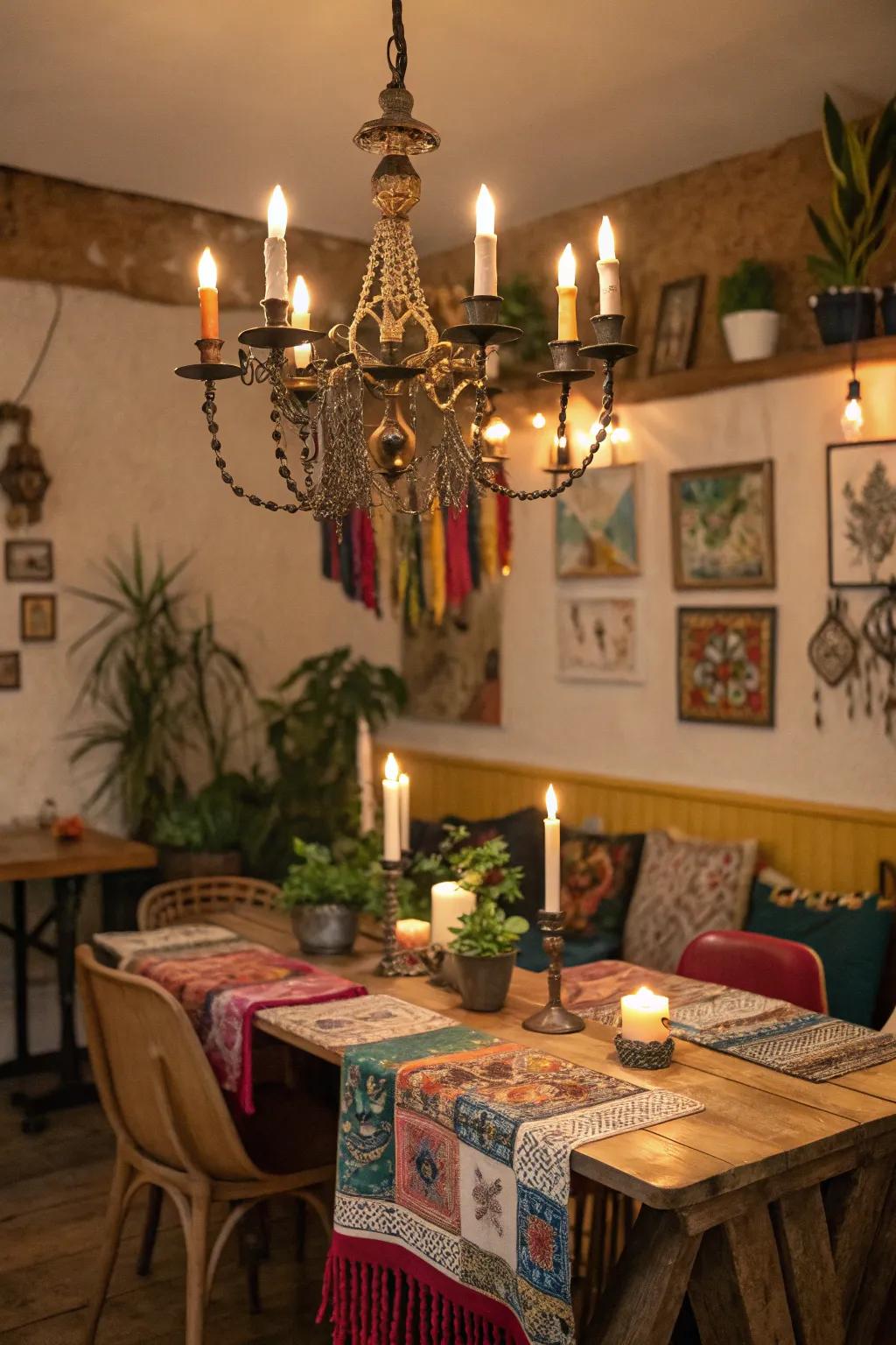 A candle-style chandelier casts a warm glow in a bohemian dining area.