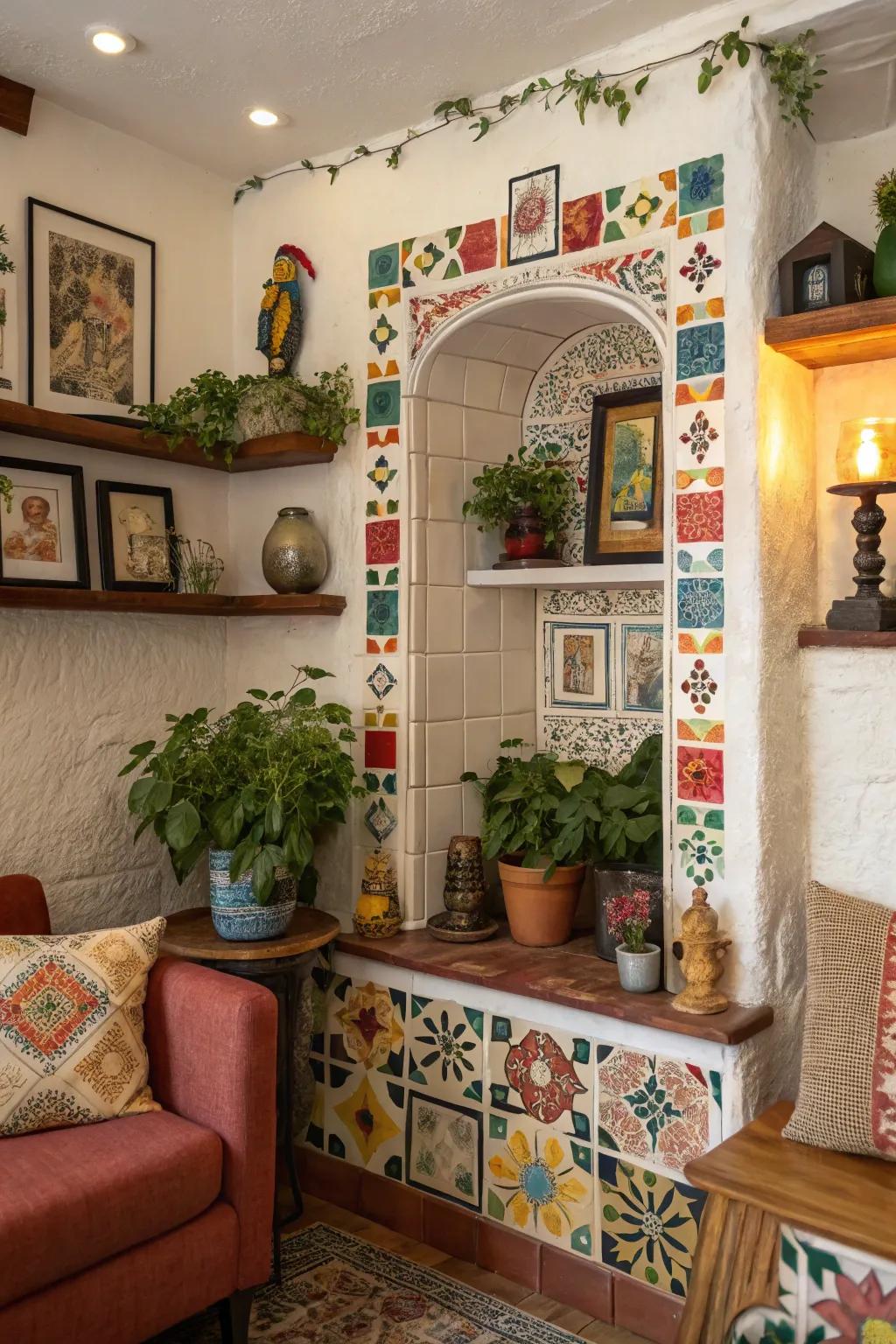 Artistic alcoves append singular and ornamental storage.