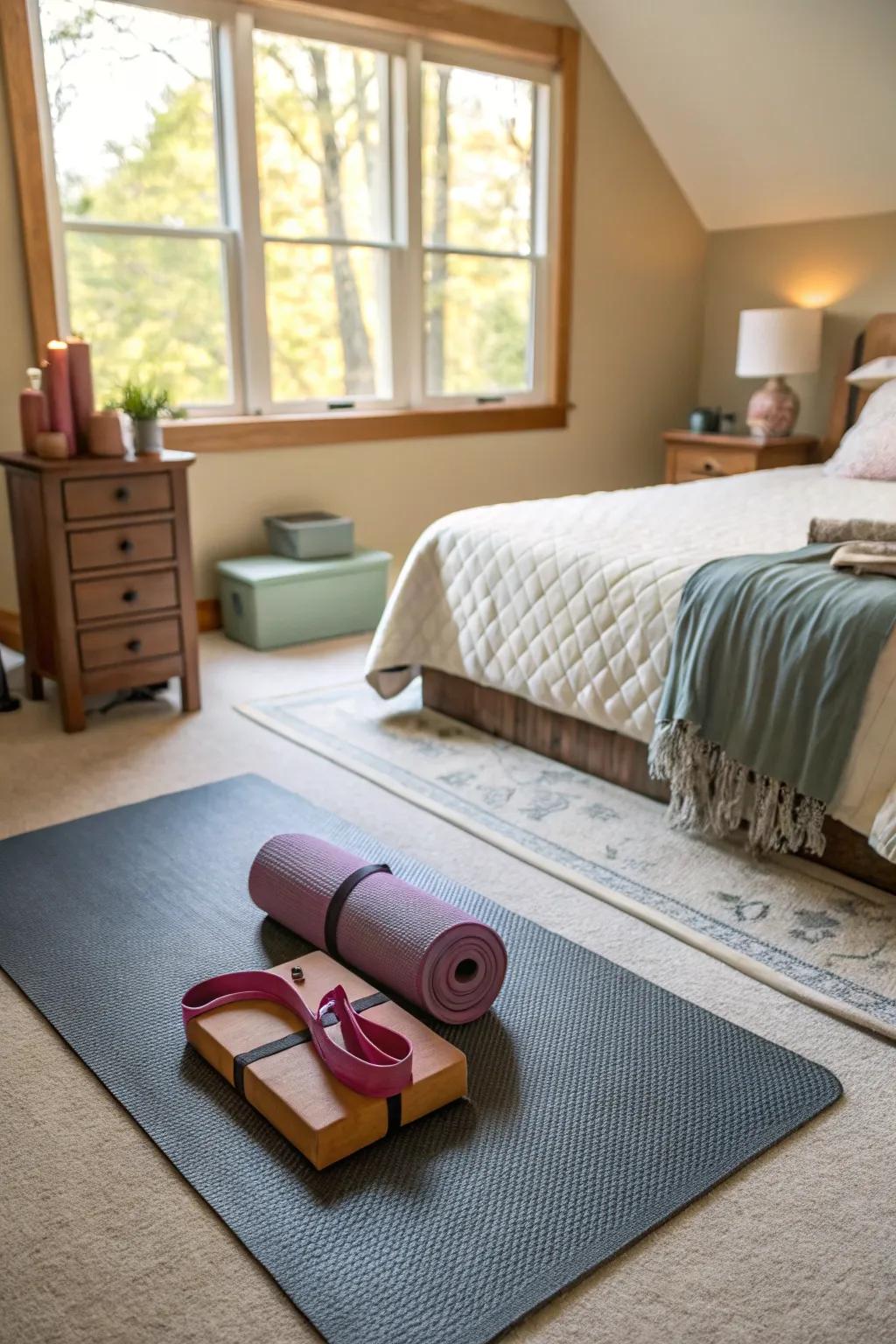 A yoga corner provides a peaceful retreat within your bedroom.