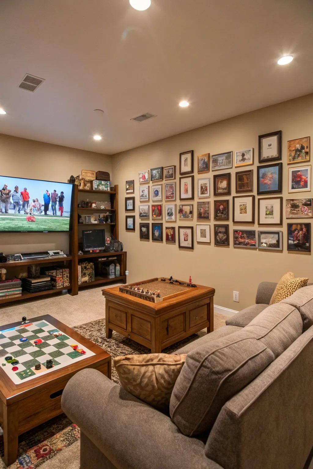 A family graphic wall builds an individual accent to your game room.
