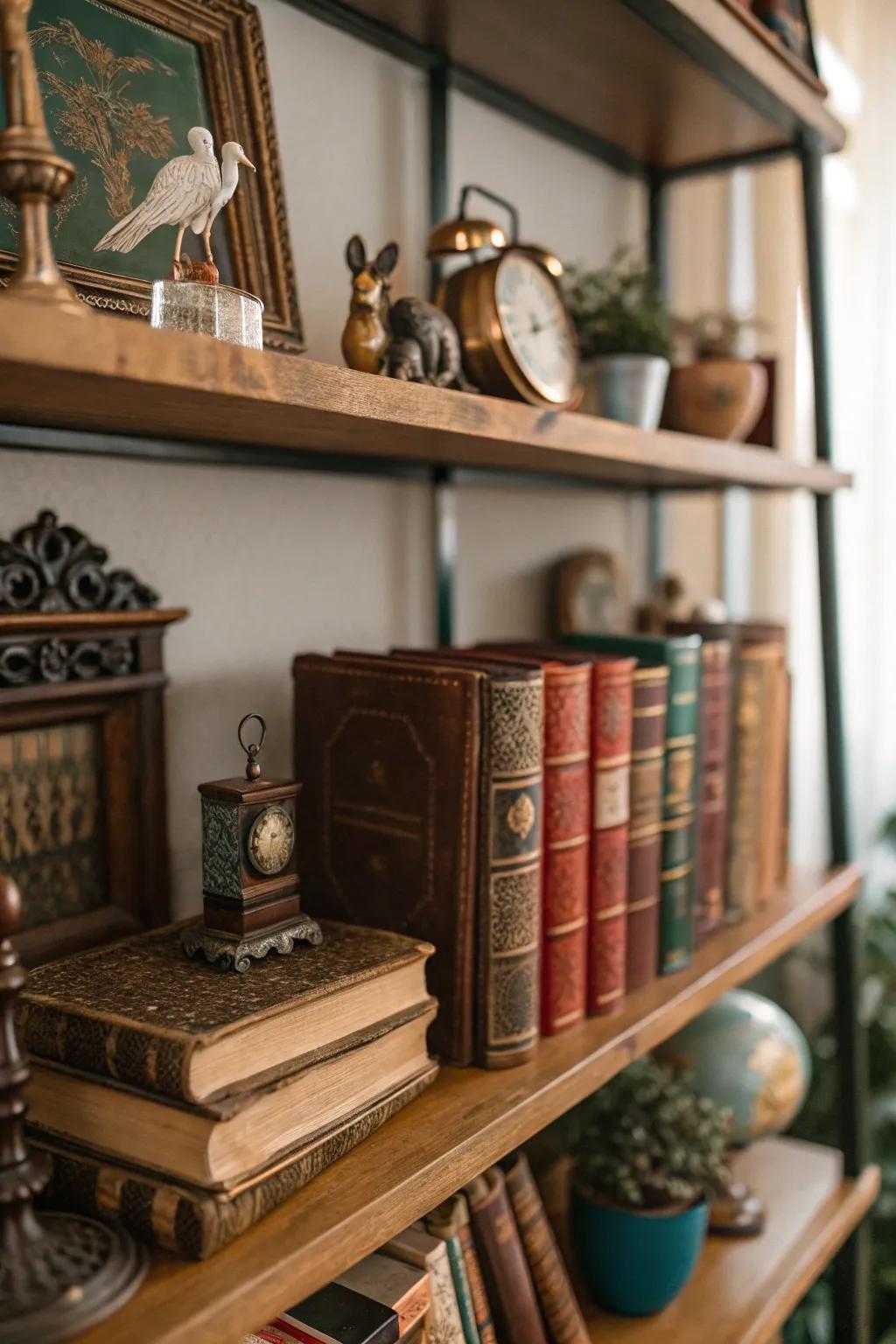 Antiques offer history and charm to a bookshelf's decor.