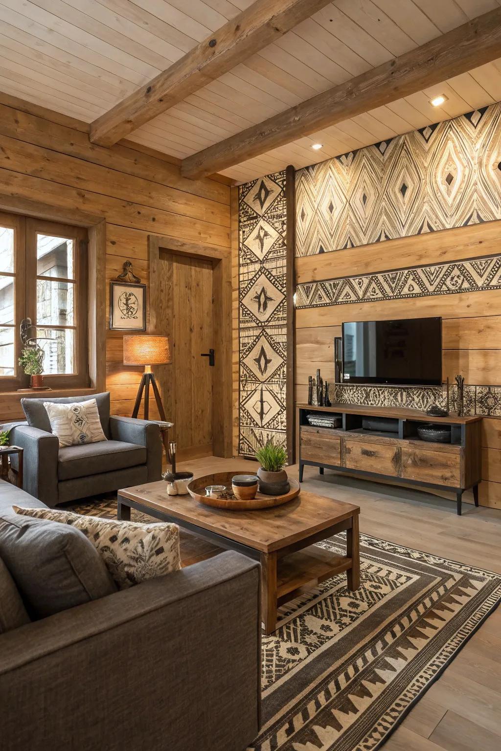Modern rustic borders create a cozy yet stylish atmosphere.