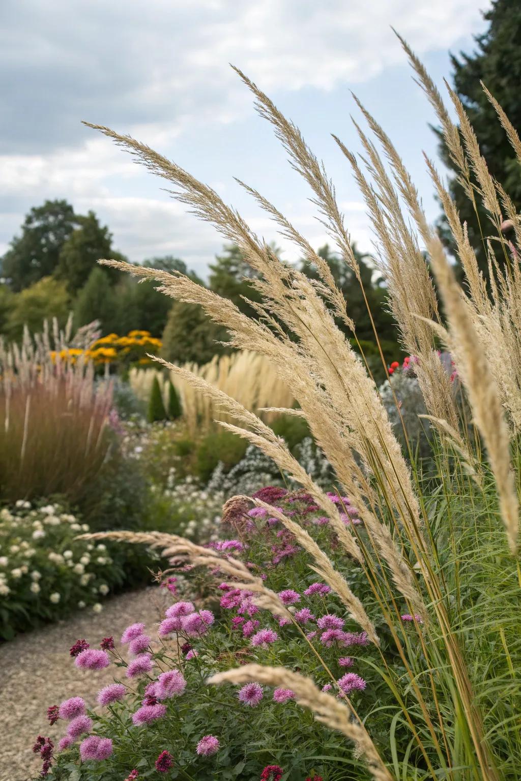 Tall grasses add height and drama as a garden background.