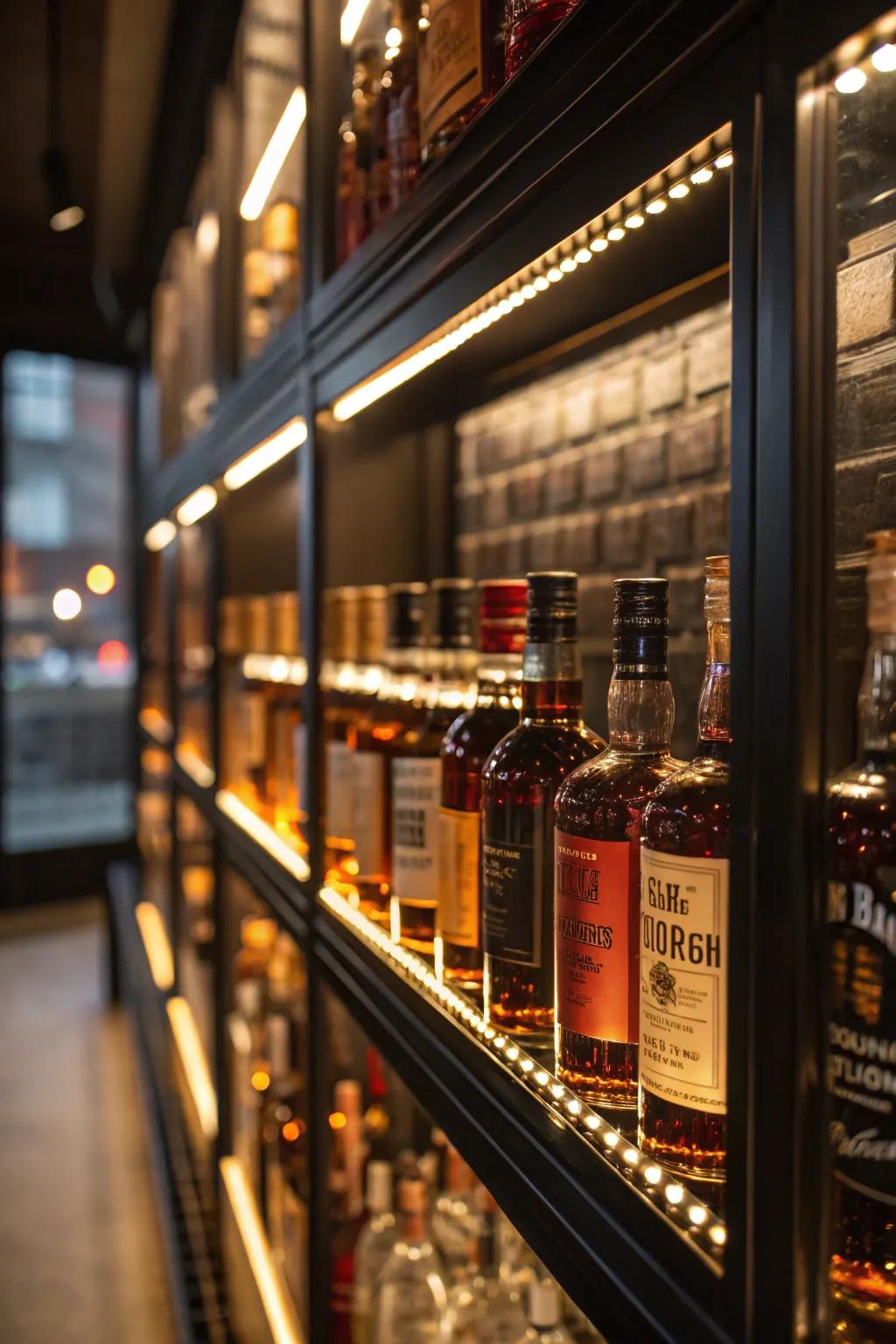 A lit display case highlights your finest bourbon bottles.