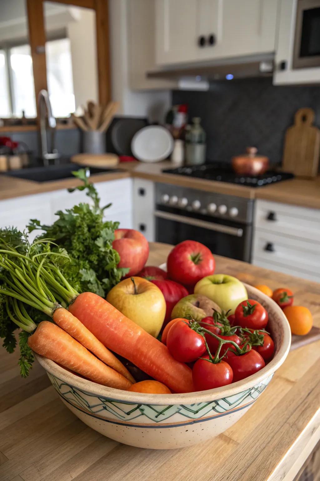 A kitchen bowl full of fruits