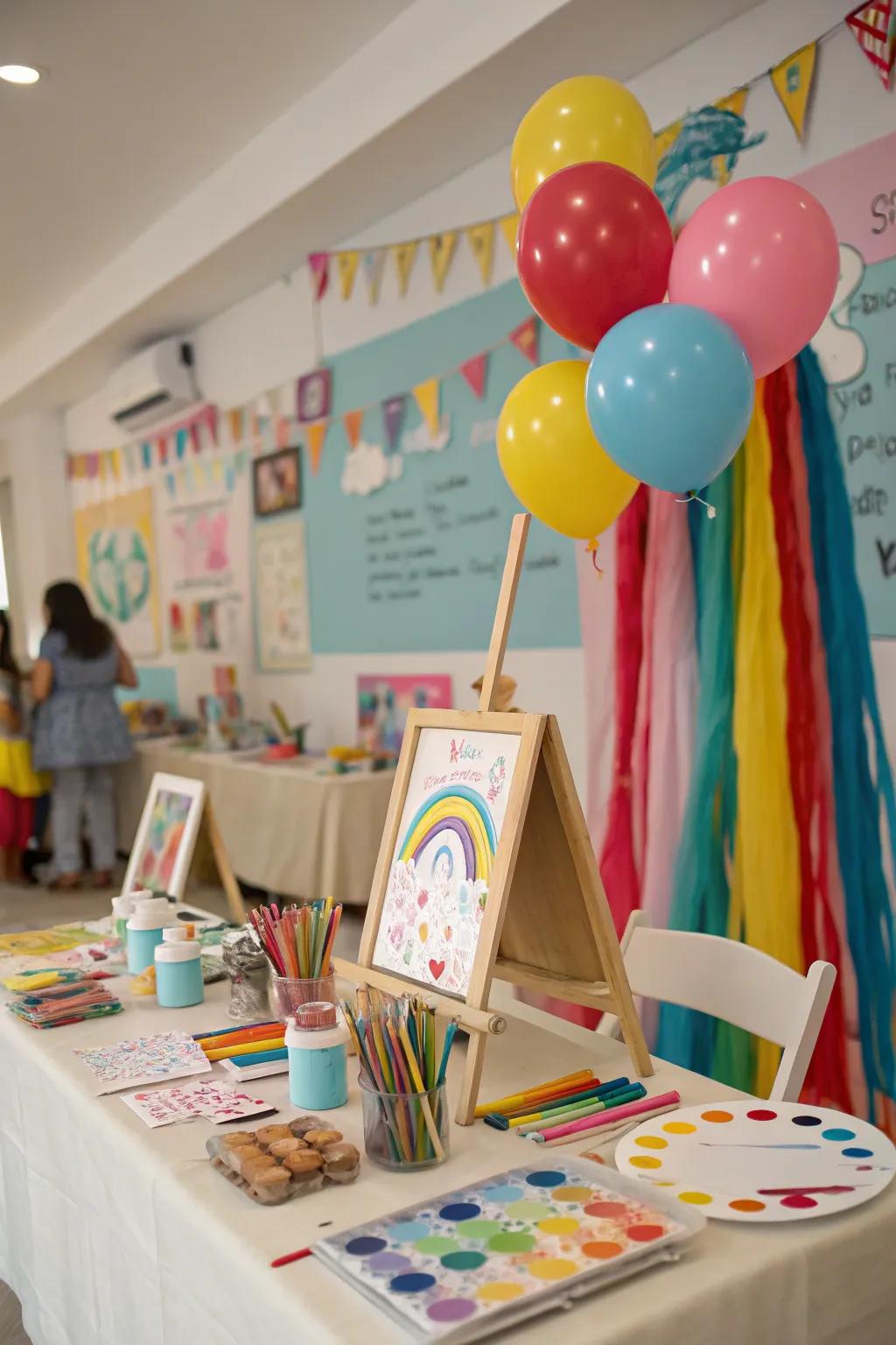 An art-themed baby shower featuring colorful and creative items