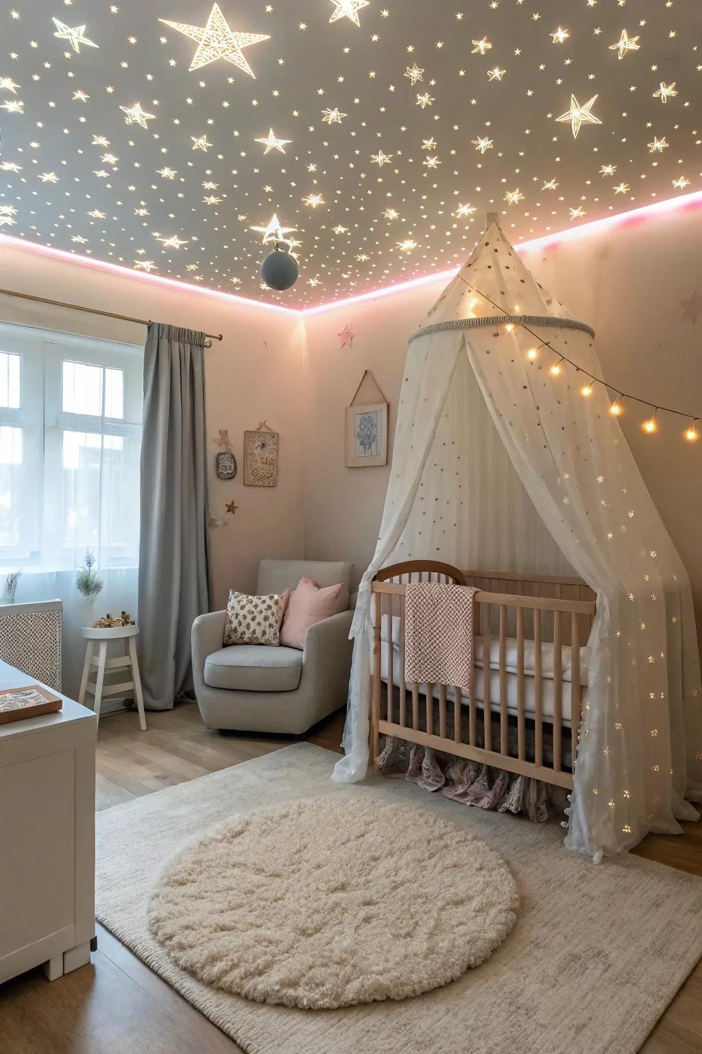 An accented ceiling appends a magical stroke to the nursery.