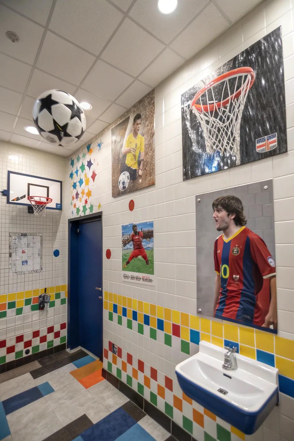 Sport-themed emblems personalize a boys' bathroom.