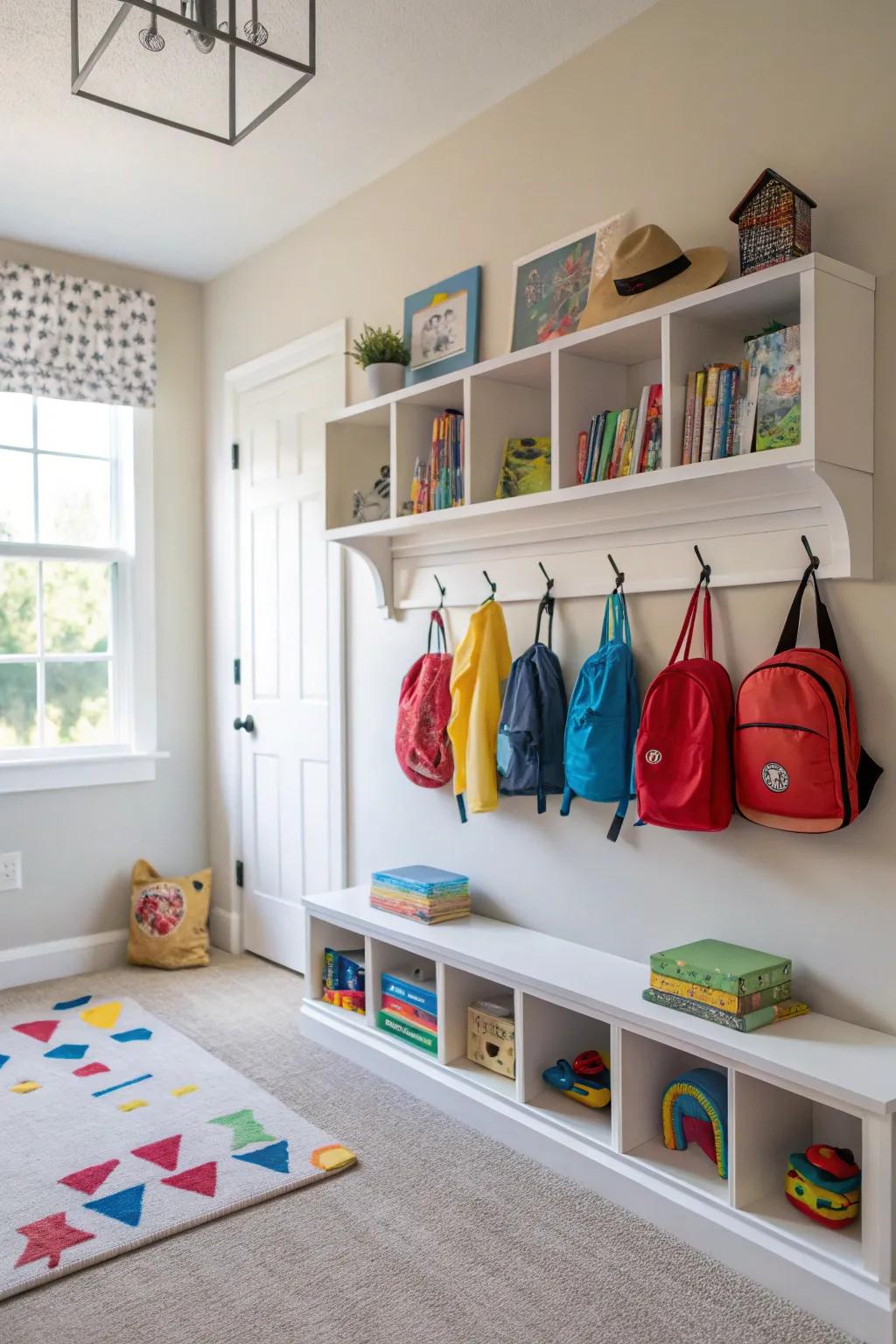 Maximizing vertical space for an uncluttered and organized playroom.