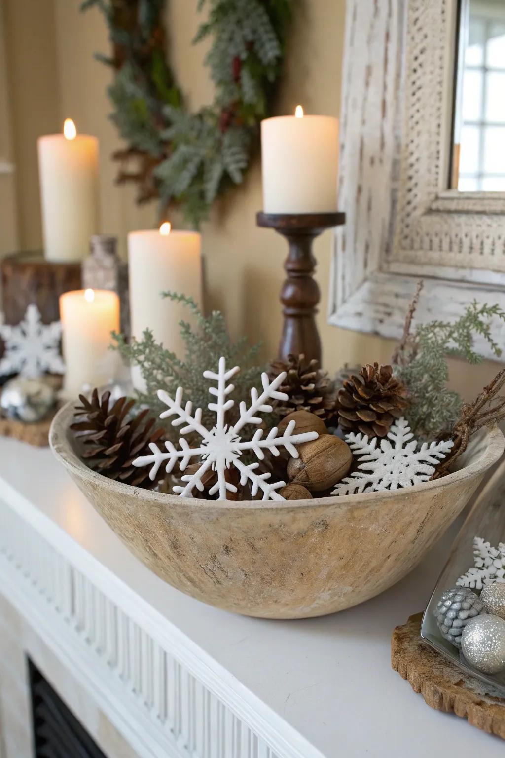 A snug winter scene with snowflakes and branches