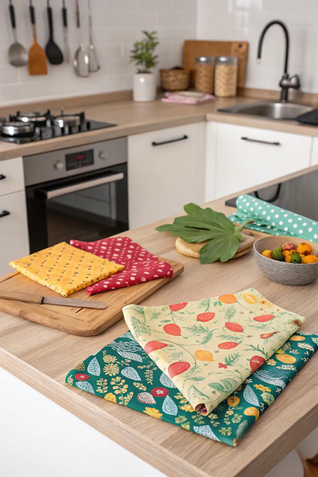Eco-friendly wax cloths for sustainable kitchen solutions.