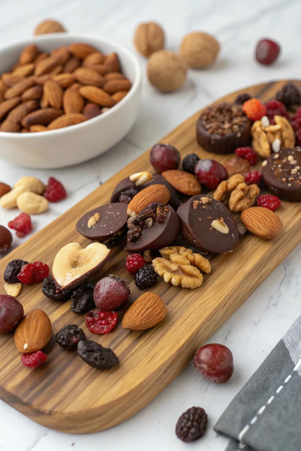 Sweet pleasures such as chocolate-covered almonds add a playful element.
