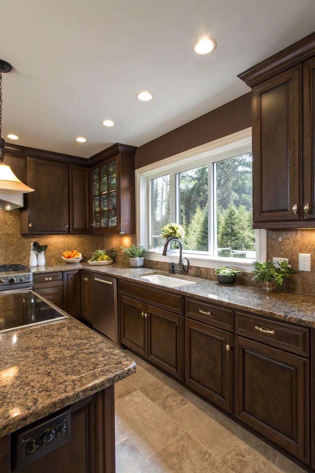 Mocha walls enhance the opulent feel of brunette stone.