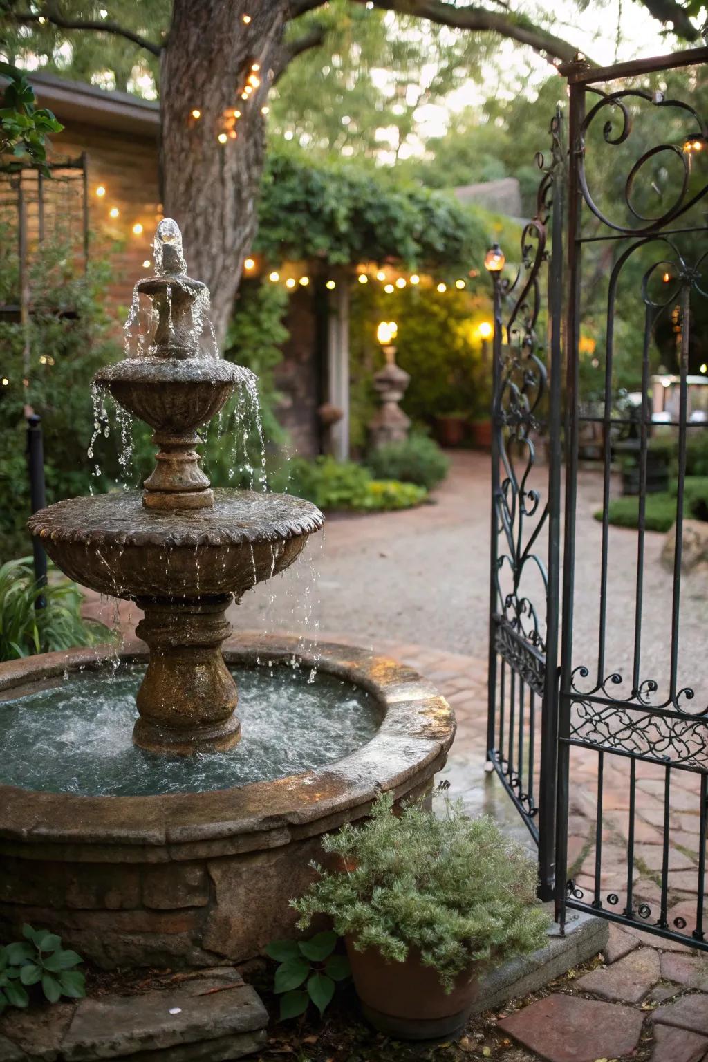 Vintage components lend timeless charm to this garden fountain.