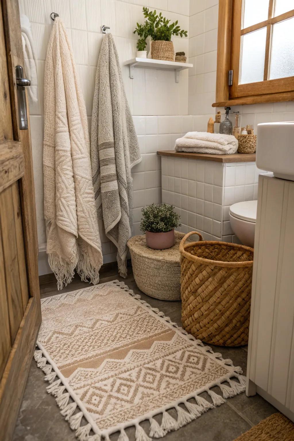 Patterned details give this compact bathroom character and warmth.