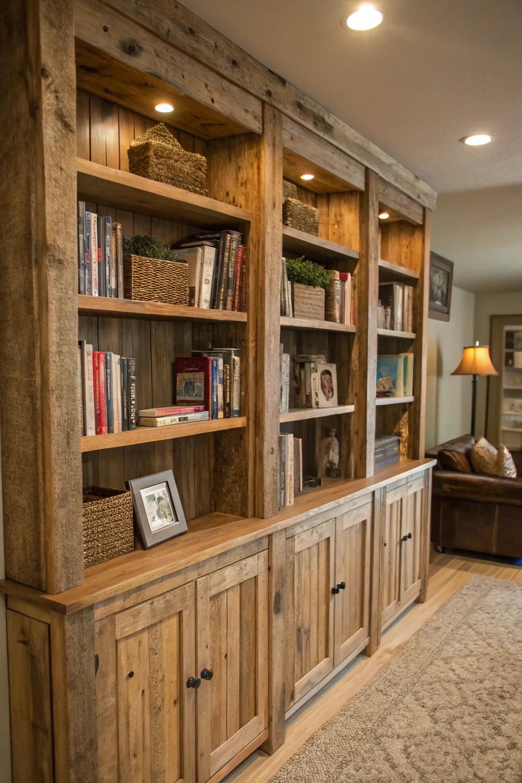Repurposed timber provides country house appeal and warmth to bookshelves.